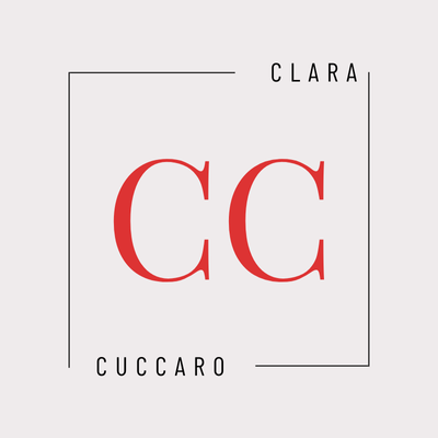 Clara Cuccaro logo. Red CC letters inside a square frame. Modern, minimalist design.