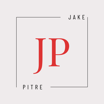 Jake Pitre logo. Red JP letters in a square frame. Business branding.