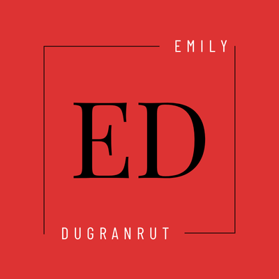 Emily Dugranrut logo. ED initials in black with a red square frame. Modern brand design.