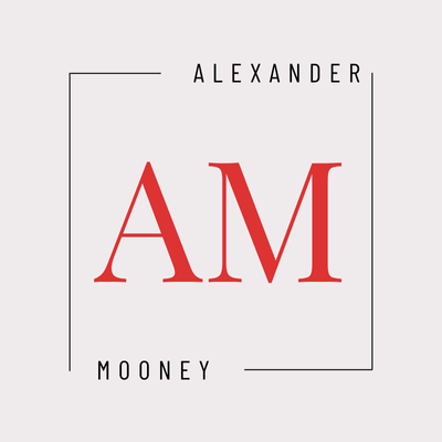 Alexander Mooney logo. Red AM initials in a square frame. Modern, simple design.