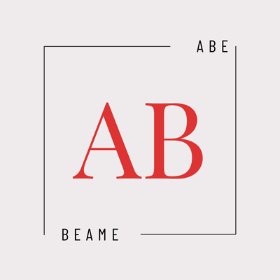 Elegant logo design. Red AB letters inside a black square. Abe Beame text. Modern, minimalist aesthetic.