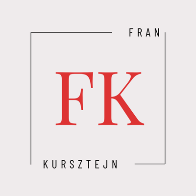 Fran Kursztejn logo. Red FK letters in a square frame. Minimalist design.
