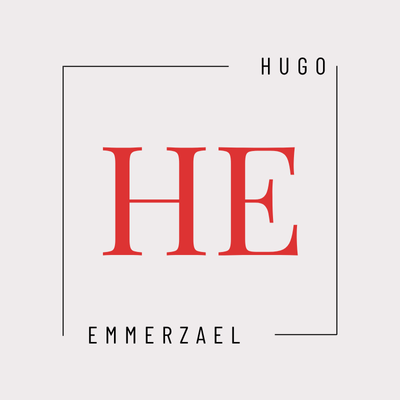 Hugo Emmerzael logo. Red HE letters, modern design.