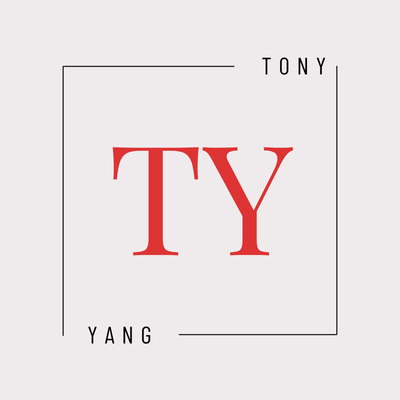 Tony Yang logo. Red TY letters in a square frame. Minimalist design. Brand identity.