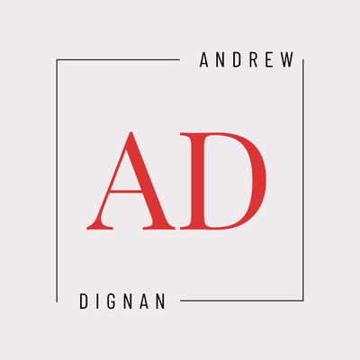 Andrew Dignan logo. Red AD initials within a square frame. Modern, minimalist design.