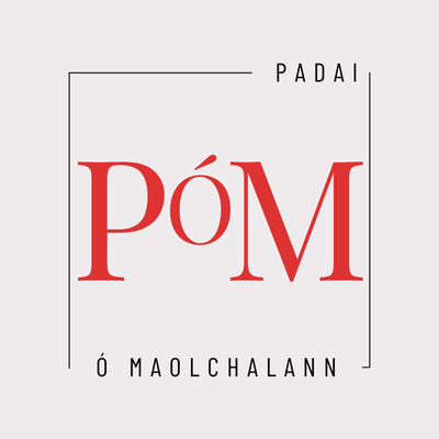 PÓM Ó MAOLCHALANN logo. Red letters, framed, with PADAI text on top. Minimalist design.