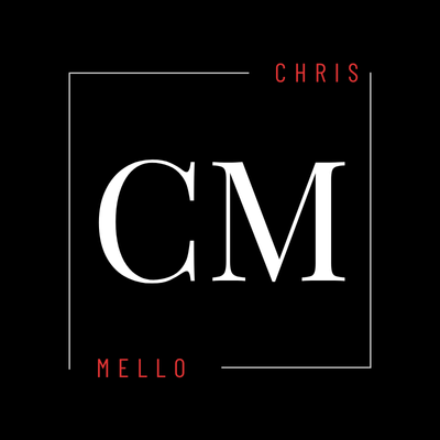 Chris Mello logo. White CM in a square frame on a black background. Modern personal brand design.