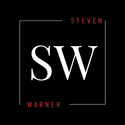 Steven Warner logo. SW initials in white on black background. Minimalist design.