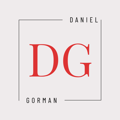 Daniel Gorman logo. Red DG letters in a square frame. Minimalist design.