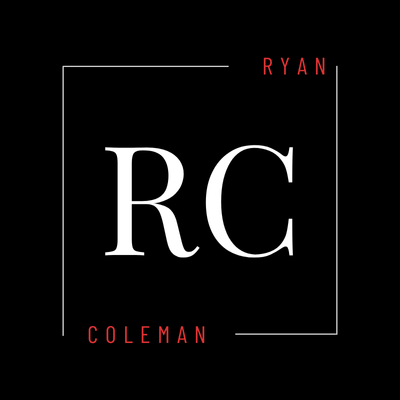 Ryan Coleman logo. RC initials in white, framed by a thin white line, with Ryan Coleman in red text. Black background.