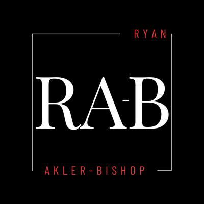 Ryan Akler-Bishop (RAB) logo. Modern, minimalist design with white text on a black background. Business branding.