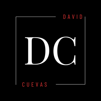 David Cuevas logo. White DC letters in a square frame on a black background. Minimalist design.