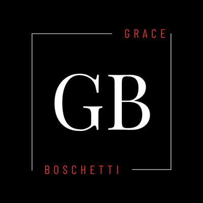Grace Boschetti logo. GB monogram in white on black, framed by a square. Elegant branding.