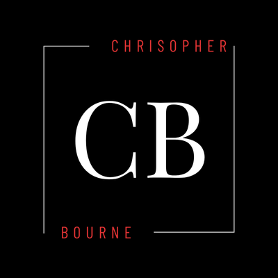 Christopher Bourne logo. CB monogram in white, set against a black background with a square frame.