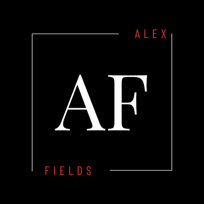 Alex Fields logo. AF monogram in white on a black square with a thin white border.