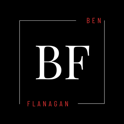 Black and white logo. Initials BF in a square frame with the name Ben Flanagan.
