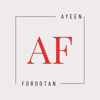 Elegant logo design. Red AF monogram inside a square frame with Ayeen Forootan text. Modern branding.