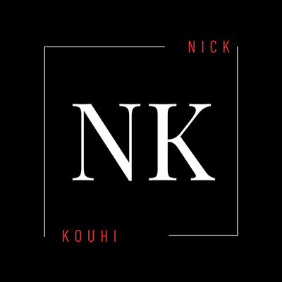 Nick Kouhi logo. Initials NK in white, framed by a thin white line on a black background.