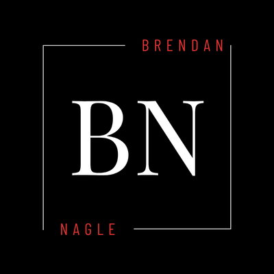 Brendan Nagle logo. BN monogram in white, on black background with red text. Minimalist design.