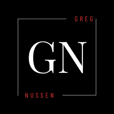 Greg Nussen logo. GN initials in white on a black background, framed by a thin white square.