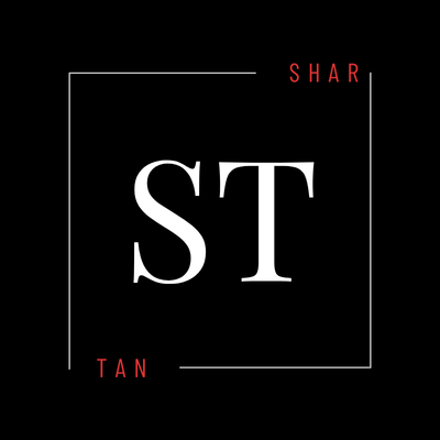 ST logo. Modern, minimalist design with white letters on a black background. SHAR and TAN text included.