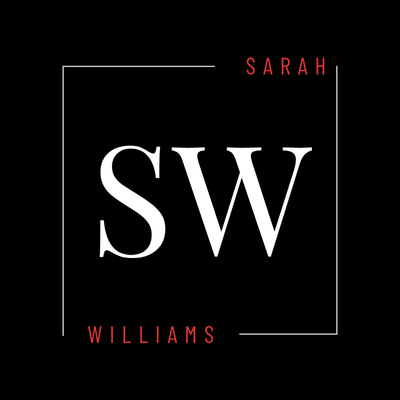 Sarah Williams logo. SW monogram in white on black background. Modern, minimalist design.