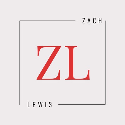 Zach Lewis logo. Red ZL monogram in square frame. Modern, simple design.