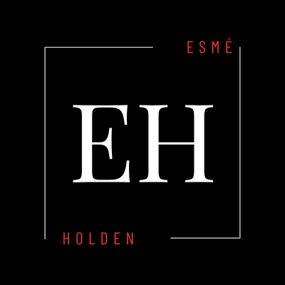Esme Holden logo. EH monogram in white on black background with a square frame.