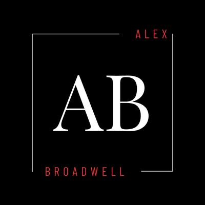 Alex Broadwell logo. AB monogram in white, framed in a square, on a black background.