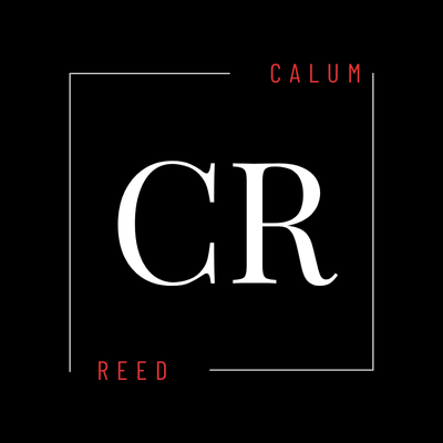 Calum Reed logo. White CR monogram inside a square frame on a black background.