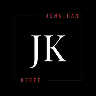 Black logo with white JK initials, Jonathan Keefe text, and thin square border.