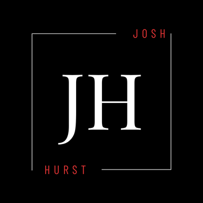 Josh Hurst logo. JH monogram in white, framed by a thin white square, set against a black background.