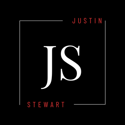 Justin Stewart logo. JS initials in white on black, framed by a thin white square. Red text.