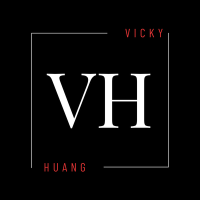 VH logo. Vicky Huang branding. Modern monogram design with white letters on a black background. Minimalist logo.