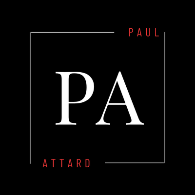 Paul Attard logo. PA monogram in white, red Paul Attard text, black background, square frame.