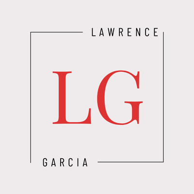 Lawrence Garcia logo. Red LG letters in a square frame. Minimalist design.