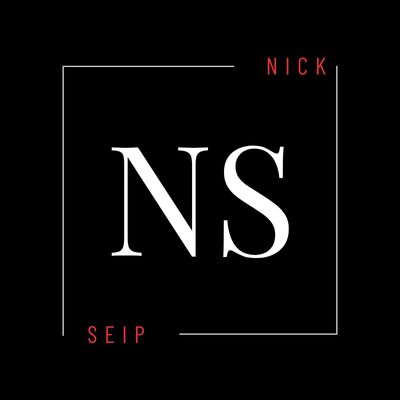 Nick Seip logo. White NS monogram in a square frame on a black background. Nick and Seip in red text.
