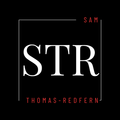 Black background with white text STR and names SAM and THOMAS-REDFERN in a square frame. Modern logo design.