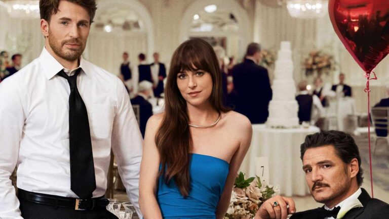 Three well-dressed people pose at an elegant indoor event with white decor, one man in a suit sits, a woman in a blue dress stands center, and another man with a loosened tie stands to the left. A red balloon is on the right.