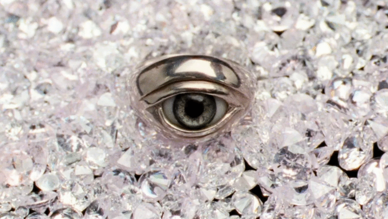An image of an eye with a golden eyelid amidst a pile of diamonds.