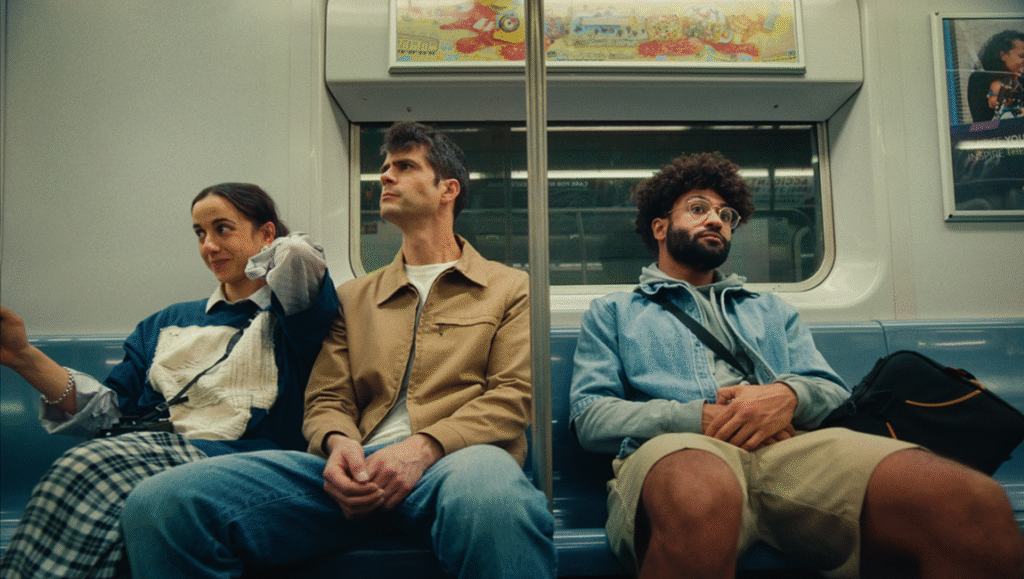 Three people sit on a subway bench: a woman smiling and looking left, a man in a tan jacket staring ahead, and a man with curly hair wearing glasses and a blue jacket looking slightly uneasy.