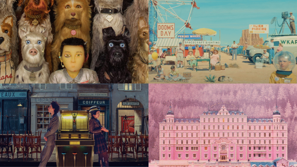 Wes Anderson movie stills collage. Isle of Dogs, Asteroid City, The French Dispatch, Grand Budapest Hotel.