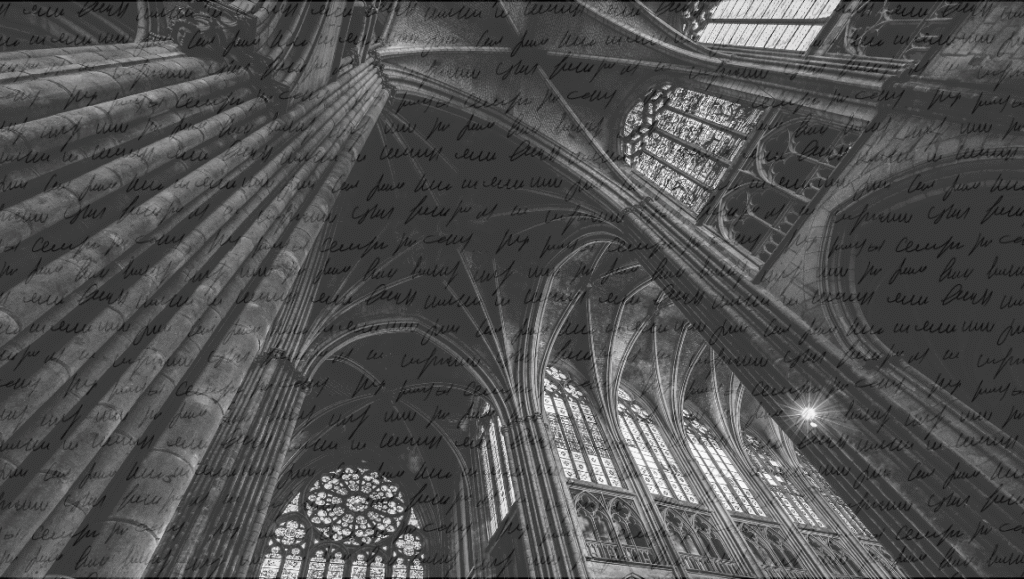The gothic-looking interior of an old church.