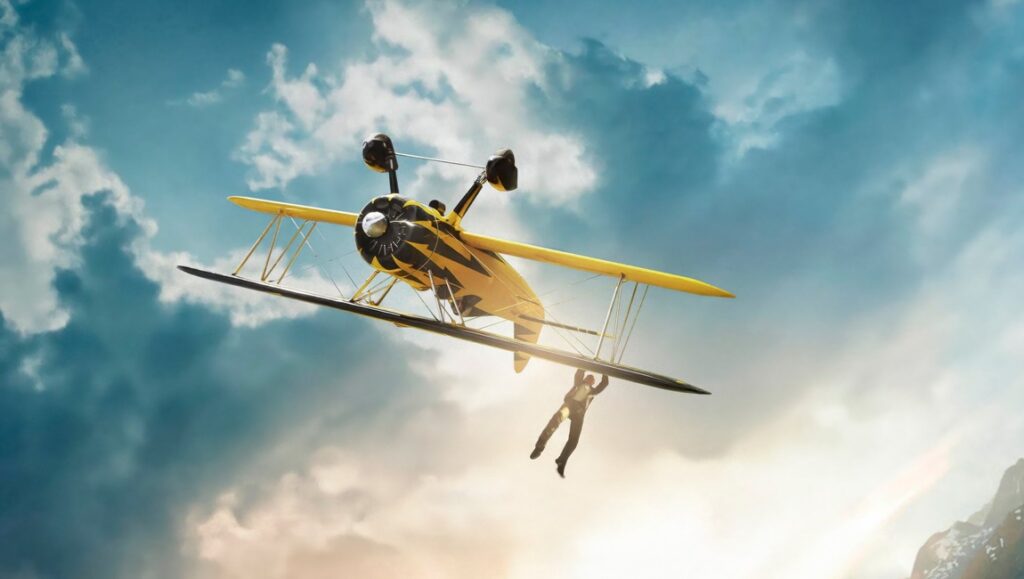 Mission Impossible May 2025: Tom Cruise hangs from a yellow biplane in the sky. Action movie review.