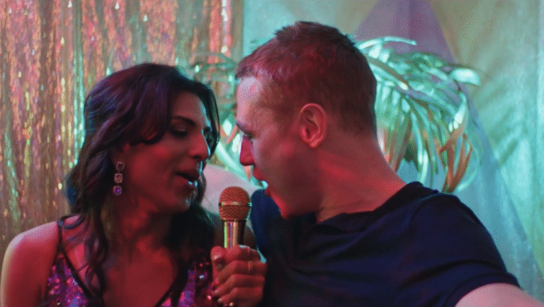 Karaoke night: Woman and man singing into a microphone. Entertainment, music.