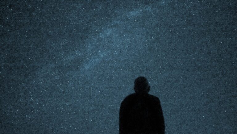 Silhouette gazes at the night sky filled with stars. Milky Way Galaxy. Stargazing.