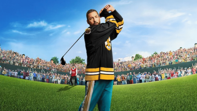 Adam Sandler as Happy Gilmore, swinging a golf club in a hockey jersey. Crowd in background.