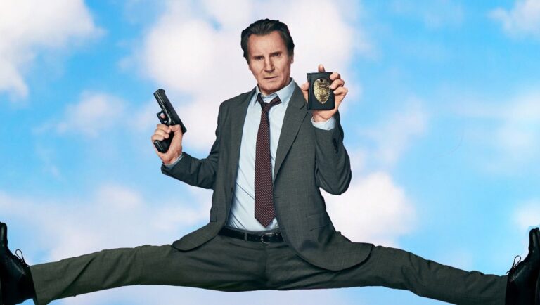 Liam Neeson does the splits. Action movie scene with gun, badge, and sky background.