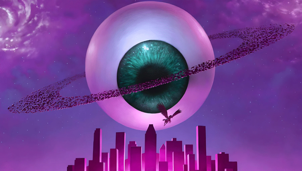 Surreal fantasy art: Giant eye planet with rings, Pegasus over a futuristic city skyline, purple sky.