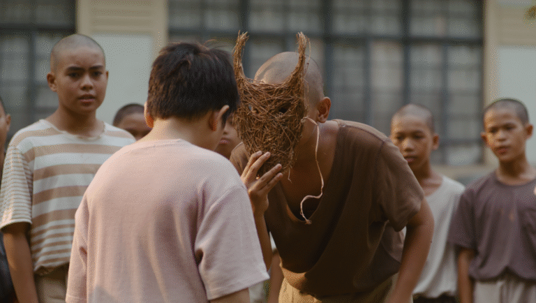 Lilim movie still: Boy wearing a straw mask with horns, surrounded by other boys. Film scene.